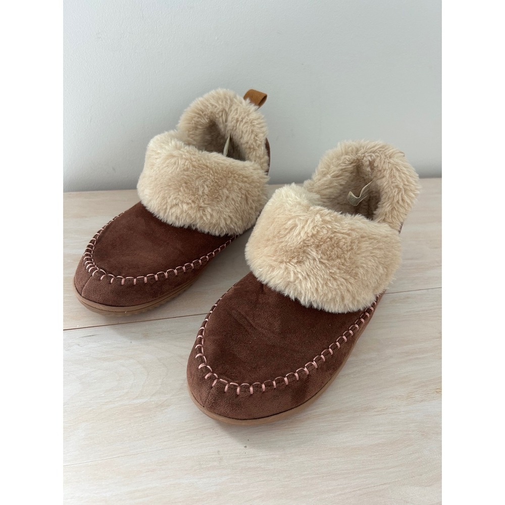 Dearfoams Energy Return Brown Faux Suede Fur Lined Moccasin Bootie Slippers 8